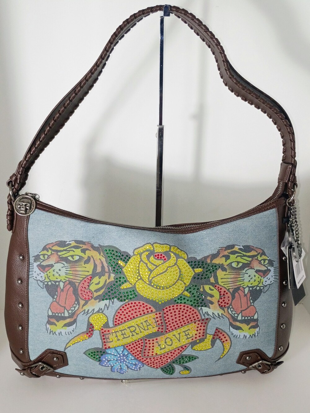 Ed Hardy Embellished Denim/Brown Vegan Leather Shoulder Hobo Bag w/Rhinestone